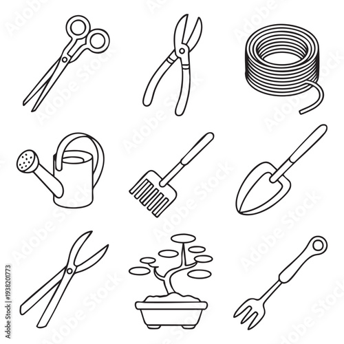 Set of gardening tools and accessories in black and white line scissors pruning shears