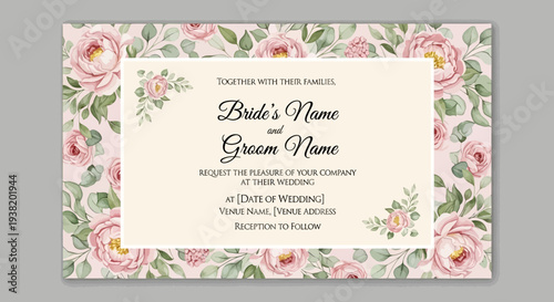 Elegant wedding invitation with pink roses border, customizable text for bride and groom names