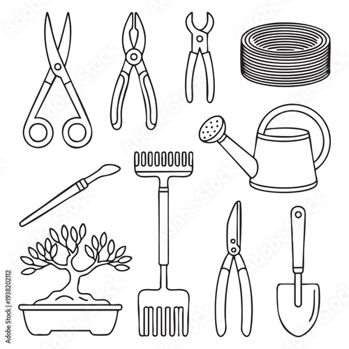 Set of gardening tools and equipment in black and white line scissors pliers wire watering can