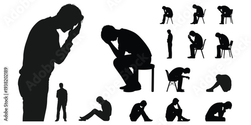 Silhouette Collection Of Men In Various Poses Of Distress And Sadness Keywords: silhouette, man, male, sad, sadness, despair