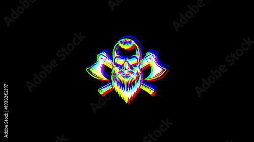 Animated bearded viking skull with a stylish haircut, flanked by two crossed battle axes, featuring a heavy digital glitch effect and RGB shifts on a black background.
