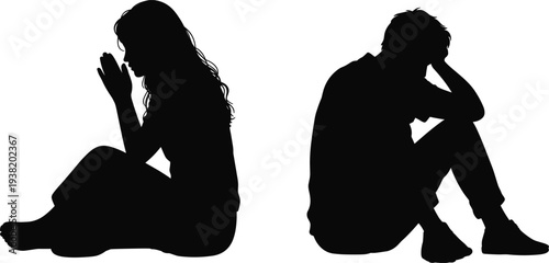 Silhouette of a woman praying and a man sitting with head in hands on white background Keywords: silhouette, people, man, woman