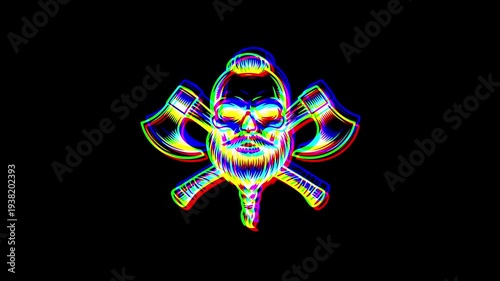 Animated bearded viking skull with a stylish haircut, flanked by two crossed battle axes, featuring a heavy digital glitch effect and RGB shifts on a black background.