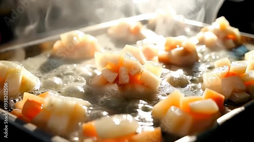 Steaming Hot Seafood Being Cooked on a Metal Tray.