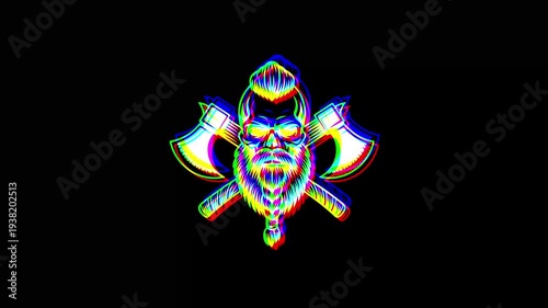 Animated bearded viking skull with a stylish haircut, flanked by two crossed battle axes, featuring a heavy digital glitch effect and RGB shifts on a black background.
