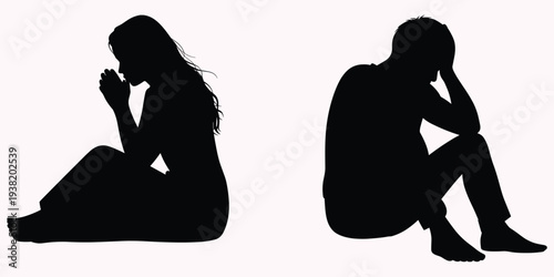 Silhouette of a woman praying and a man sitting with head in hands on light pink background Keywords: silhouette, people, man