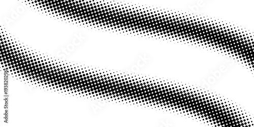 Black halftone dot wave pattern. Abstract grain fluid texture. Dotted curve wallpaper. Grit undulate swoosh overlay for poster, banner, brochure, flyer, leaflet, brochure. Vector rasterized background