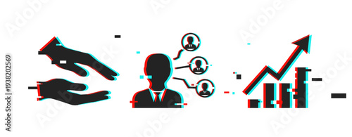 Hands supporting client network and growth chart icons. Glitch effect