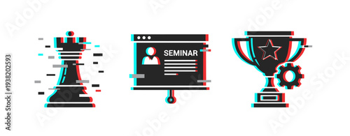 Chess rook, seminar presentation screen, trophy with gear on white. Glitch effect