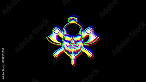 Animated bearded viking skull with a stylish haircut, flanked by two crossed battle axes, featuring a heavy digital glitch effect and RGB shifts on a black background.