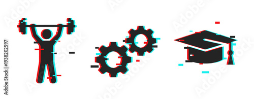 Weightlifter and gears with graduation cap displayed on white. Glitch effect