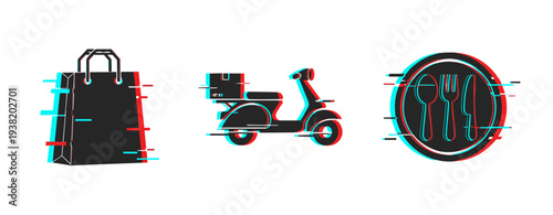 Shopping bag with delivery scooter and dining plate icons. Glitch effect
