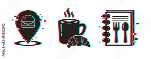 Food icons showing location cafe and menu on white background. Glitch effect