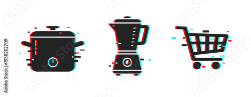 Kitchen appliances and shopping cart shown as simple icons. Glitch effect