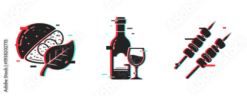 Food and drink icons showing burger, wine, and skewers on white. Glitch effect