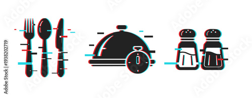 Dining icons showing tableware service and seasoning on white background. Glitch effect