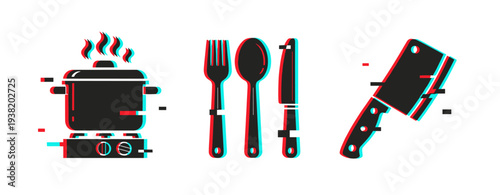 Kitchen utensils showing glitch distortion on white background. Glitch effect