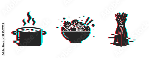 Cooking pot bowl and dress icons showing food and clothing on white. Glitch effect
