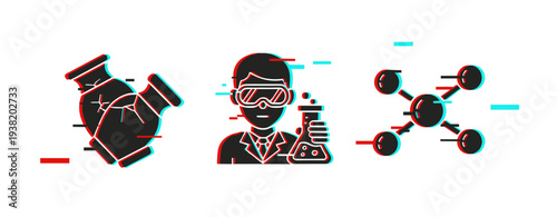 Heart model with scientist and molecular structure in lab setting. Glitch effect