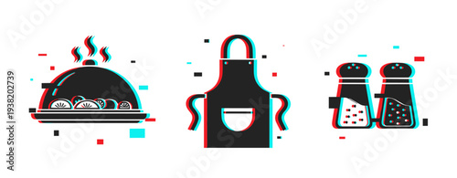 Serving dish apron and shakers displayed on white background. Glitch effect