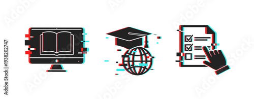 Digital education icons showing graduation globe and checklist. Glitch effect