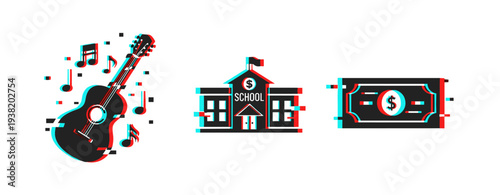 Guitar school building and banknote displayed with glitch. Glitch effect