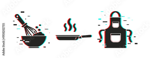 Cooking utensils and apron icons representing food preparation on white background. Glitch effect