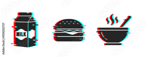 Milk carton burger and steaming soup bowl on table. Glitch effect