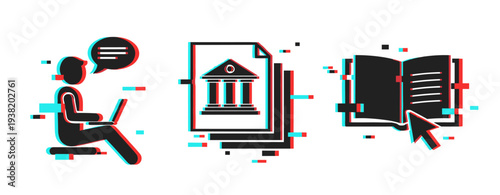 Person using laptop with bank documents and open book on white. Glitch effect