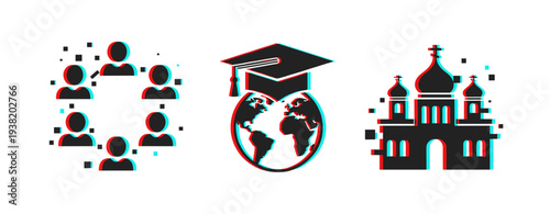 Community figures forming circle with global education and church. Glitch effect