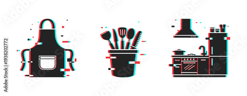 Apron with utensils and full kitchen stove and fridge. Glitch effect