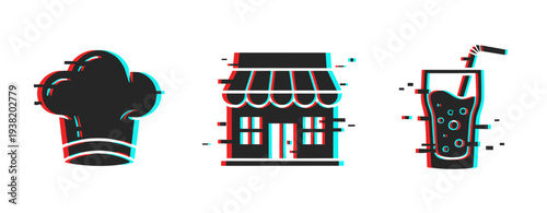 Food icons arranged in row with glitch effect on white background. Glitch effect