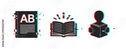 Open books and reader illustrating reading and literacy education. Glitch effect