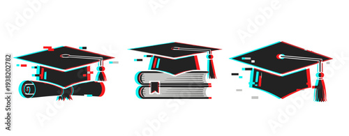 Education symbols showing graduation cap book and diploma. Glitch effect