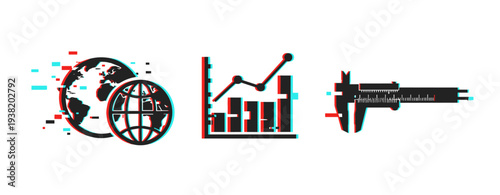 Globe chart and caliper icons representing data and measurement on white. Glitch effect