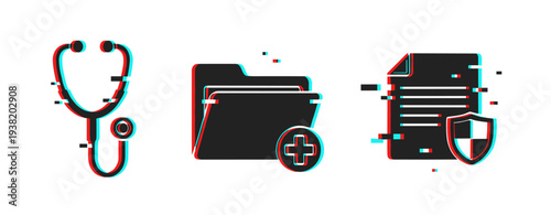 Stethoscope and medical folder with protected document on white. Glitch effect
