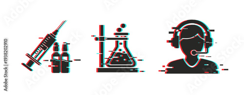 Syringe, laboratory flask and headset icons shown on white background. Glitch effect