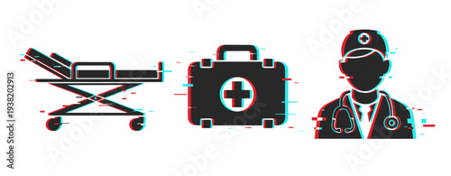 Medical equipment and doctor icons representing emergency care. Glitch effect