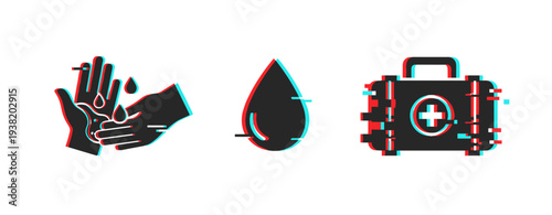Hand icons showing hygiene symbols on white background. Glitch effect