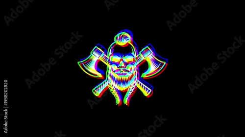 Animated bearded viking skull with a stylish haircut, flanked by two crossed battle axes, featuring a heavy digital glitch effect and RGB shifts on a black background.