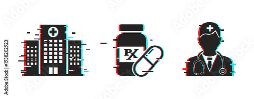 Medical icons showing hospital medication and doctor on white. Glitch effect