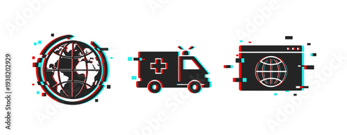 Globe and ambulance responding with web browser interface. Glitch effect