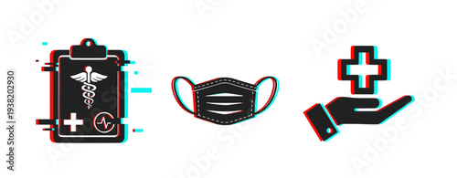 Medical clipboard mask and hand offering cross on white background. Glitch effect