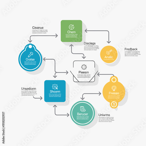 A comprehensive infographic illustrating a cyclical business process with interconnected stages and feedback loops.