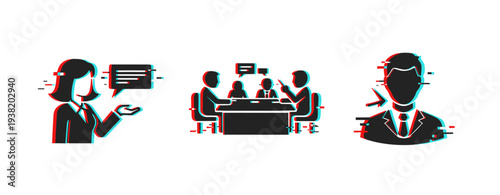 Business person speaking with meeting and professional profile icons. Glitch effect