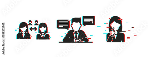 Business people communicating, interviewing and consulting in office. Glitch effect