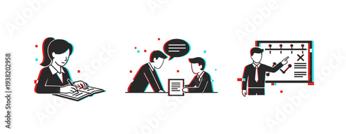 Students and instructors studying and teaching in classroom setting. Glitch effect