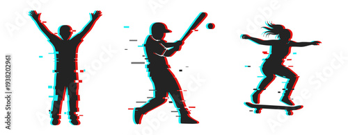 Celebrating person batting baseball and skateboarding silhouette. Glitch effect