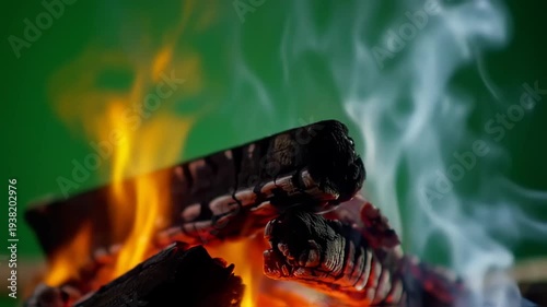Close-up of a campfire with burning logs and smoke against a green background.