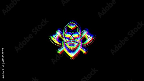 Animated bearded viking skull with a stylish haircut, flanked by two crossed battle axes, featuring a heavy digital glitch effect and RGB shifts on a black background.